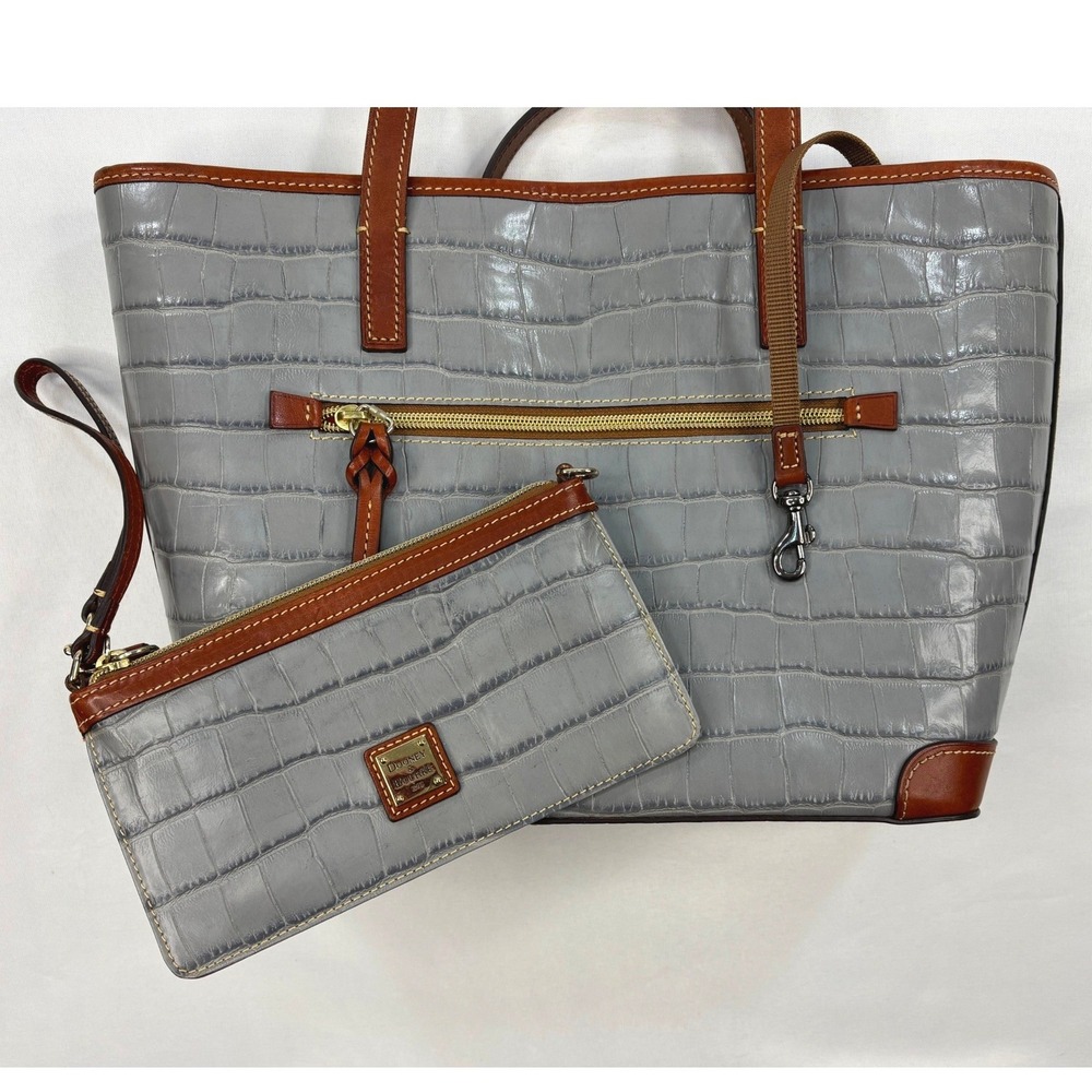 Dooney & Bourke Gray Croc-Embossed Tote with Tan Trim and Wristlet